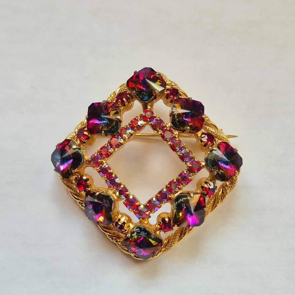 Square Rainbow Rivoli Art Glass Stone Brooch